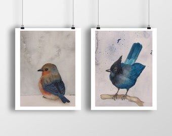 Set of 2 Bird Watercolor Paintings, 5x7, 4x6, 8x10, 11x14 Watercolor Print, Bird Pictures, Nature Wall Decor