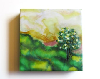 Wax Sealed Landscape and Trees Replica of Original Encaustic Painting on 4x4 Cradled Wood Board,