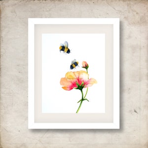 Watercolor Bee and Flower Painting, Abstract Floral Print, Botanical Wall Art, 11x14, 8x10, 4x6, 5x7 Print,