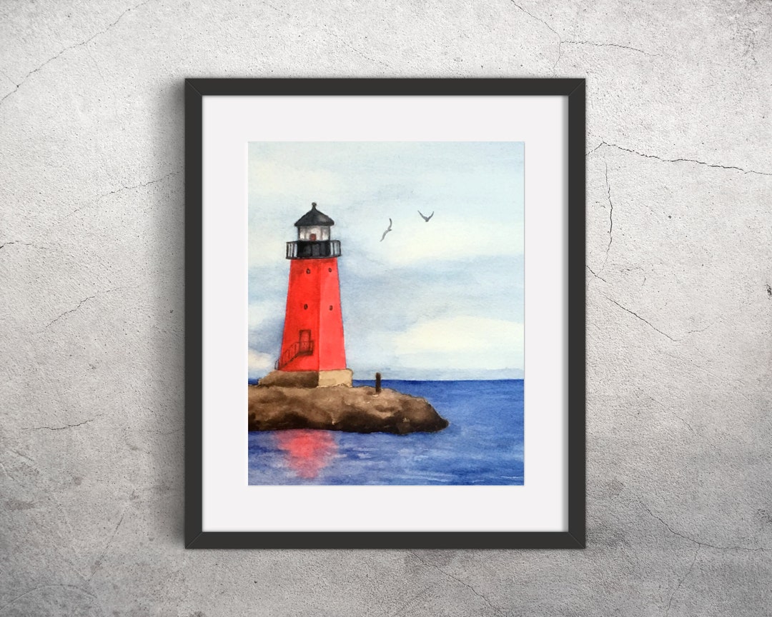 Red Lighthouse Watercolor Painting, 4x6, 5x7, 8x10, 11x14 Print