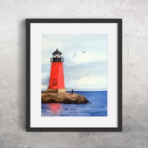 Red Lighthouse Watercolor Painting, 4x6, 5x7, 8x10, 11x14 Print, Manistique Michigan Lighthouse, Nautical, Coastal, Beach Wall Decor