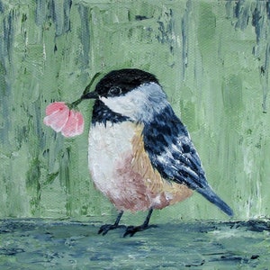 Chickadee Bird Painting, Acrylic Fine Art Print, 10x10, 8x8, 5x5, 4x4 Square Bird Print