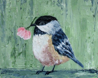 Chickadee Bird Painting, Acrylic Fine Art Print, 10x10, 8x8, 5x5, 4x4 Square Bird Print