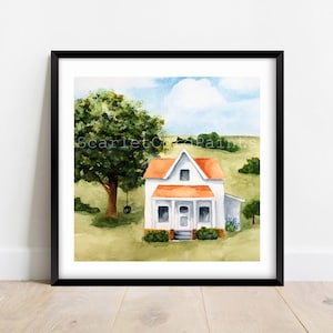 Farmhouse Watercolor Print, Square Print, 4x4, 5x5, 8x8, 10x10 Painting, Country Farm House Decor,