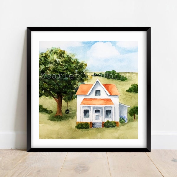 Farmhouse Watercolor Print, Square Print, 4x4, 5x5, 8x8, 10x10 Painting, Country Farm House Decor,