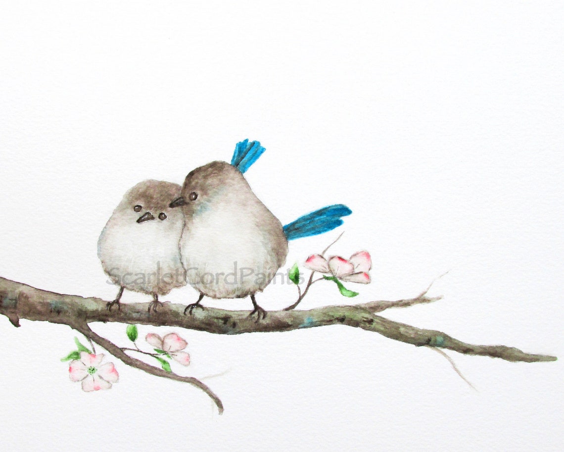 Vögel auf einem Ast Aquarell Druck Liebe Vogel Kunst | Etsy