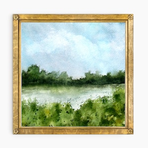 Square Sky and Water Landscape Print, Green and Blue Decor, 10x10, 8x8 Print, 5x5, 4x4  Print, Soft Abstract Landscape Painting