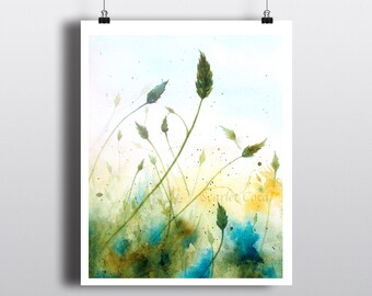Teal Green Abstract Botanical Giclee Print, Watercolor Landscape, 4x6, 5x7, 8x10, 11x14 sizes