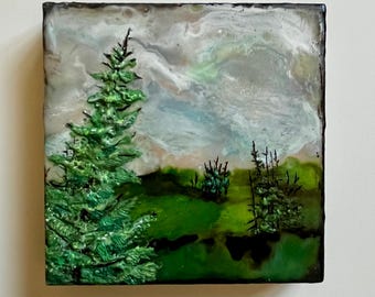 Encaustic Miniature Original Landscape, Wax Tree Painting on 4x4 Cradled Wood Board