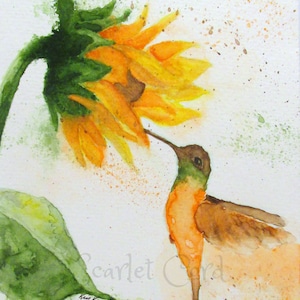 Watercolor Hummingbird and Sunflower Print, 4x6, 5x7, 8x10, 11x14 Print, Art Wall Decor, Bird Painting