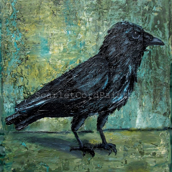 Crow Painting, Square Format, 10x10, 8x8, 5x5, 4x4 Black Bird Print, Raven Acrylic Fine Art, Fall Autumn Decor