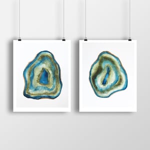 Blue Geode Watercolor Wall Art, 2 Agate Slice Illustrations, 4x6, 5x7 Print, 8x10, 11x14 Print, Modern Home Decor