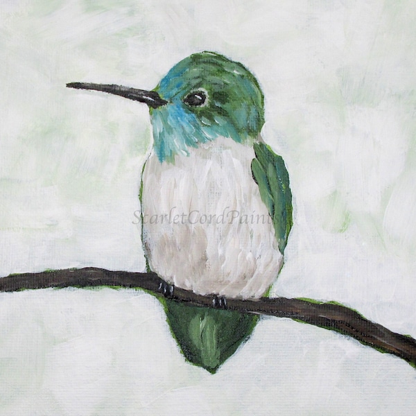 Hummingbird Square Print, 4x4, 5x5, 8x8, 10x10 Print, Acrylic Bird Painting, Hummingbird on a Branch