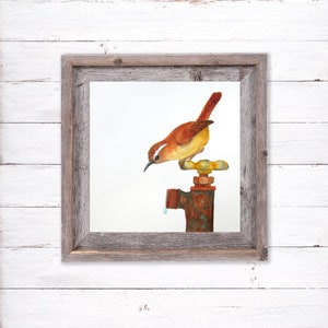 Carolina Wren Square Print, 10x10, 8x8, 5x5, 4x4 Print, Bird on Spigot, Garden Themed Art
