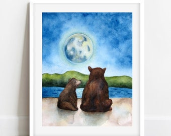 Watercolor Bears and Moon Painting, 4x6, 5x7 Bear Print, Nursery Bear Decor, 8x10, 11x14, Mama and Baby Bear Nursery Wall Decor