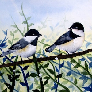 Two Birds on a Branch Watercolor Print 4x6, 5x7, 8x10, 11x14 Print, Chickadee Painting, Blue Green Bird Wall Art