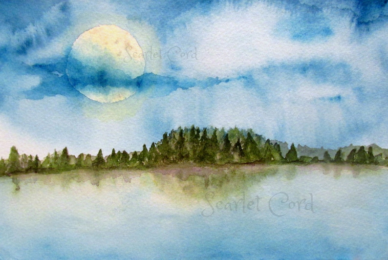 Moon over Lake Watercolor Landscape Watercolor Print 11x14 ...