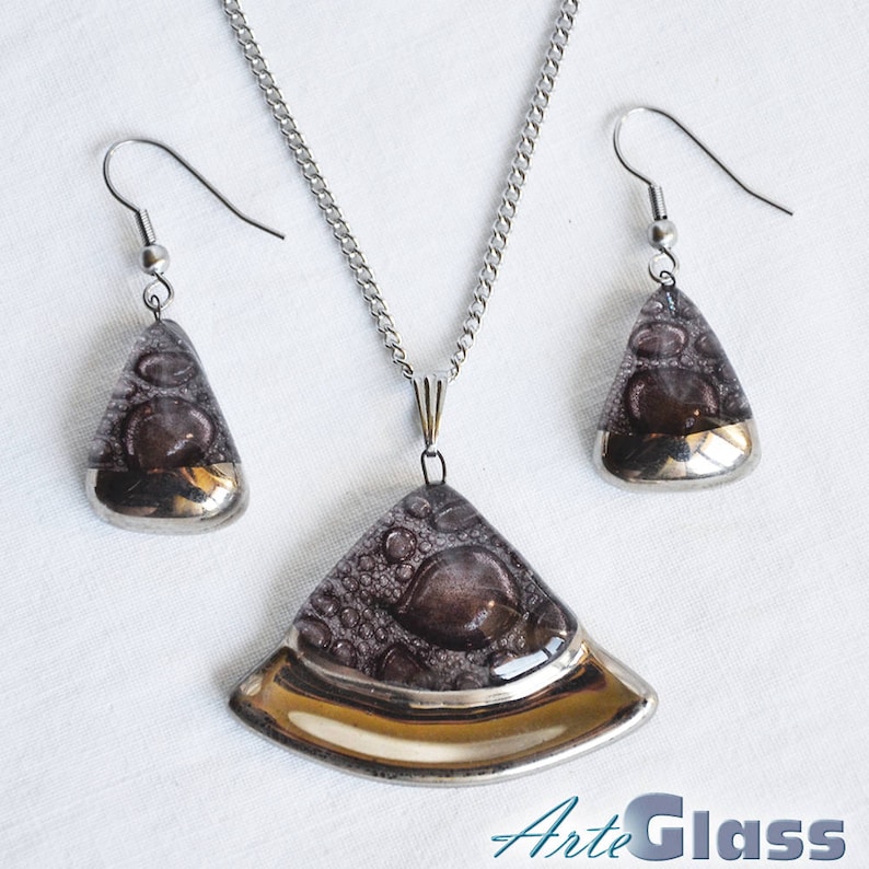 circle sector Jewellery set handmade bubble brown with platinum necklace and earrings