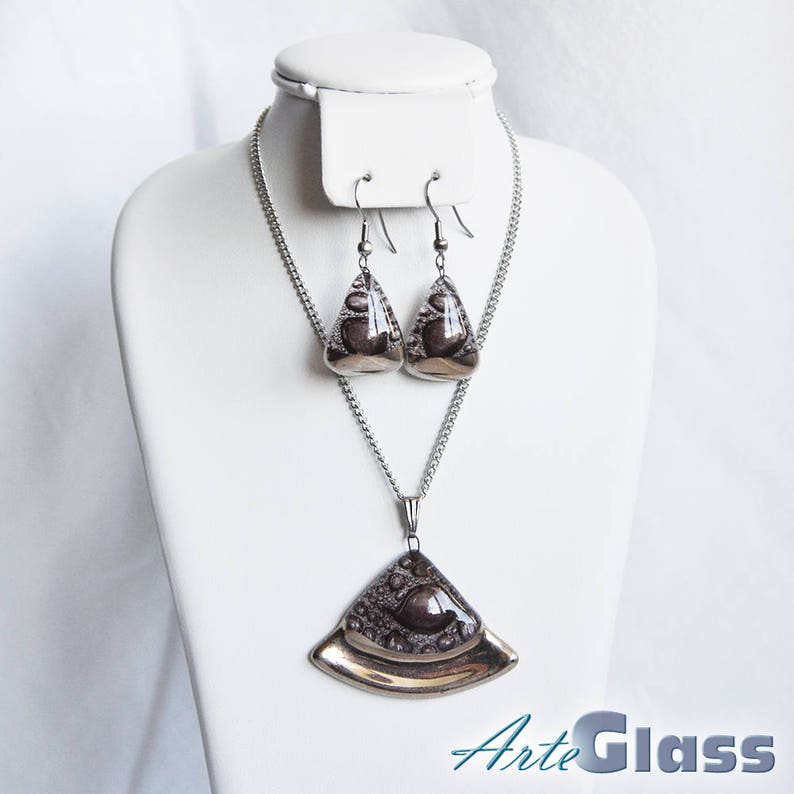 circle sector Jewellery set handmade bubble brown with platinum necklace and earrings