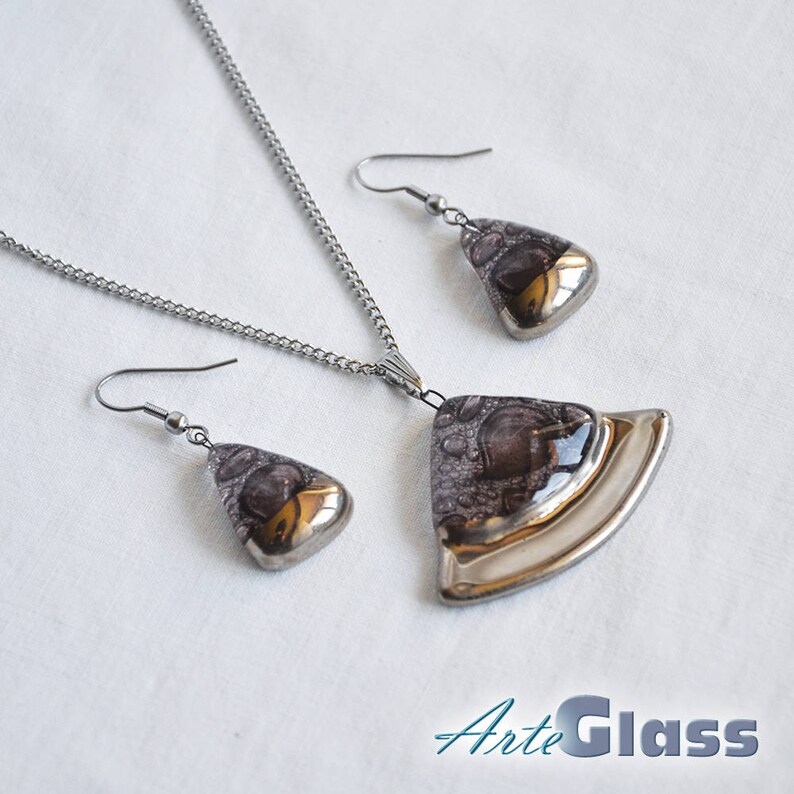 circle sector Jewellery set handmade bubble brown with platinum necklace and earrings