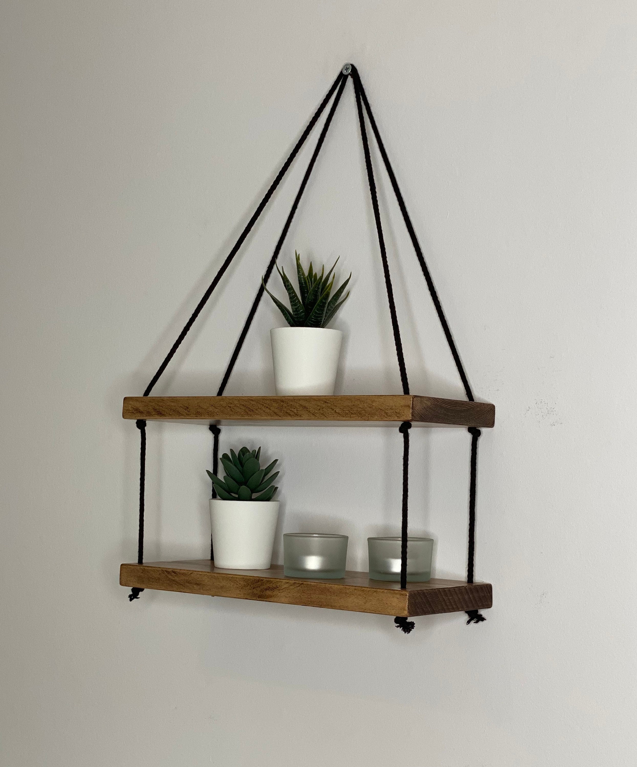 Hanging Wooden Shelves Two Tier Black Cord Rustic Unique Etsy