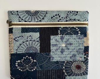 Indigo Blue Boro/Sashiko-Style Cross-Stitch Project bag (9"x10"), fully lined, antique-style zipper