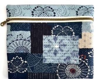 Indigo Blue Boro/Sashiko-Style Cross-Stitch Project bag (9"x10"), fully lined, antique-style zipper