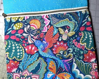 Floral cross-stich fabric bag, 13"x13", Sally Kelly outer, Ruby Star Society lining