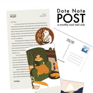 Puede incluir: Una colección de artículos de papelería del club mensual de correo postal "Dote Note POST". Incluye una carta, una postal, una pegatina y una tarjeta de invitación al diario. La ilustración presenta a una mujer leyendo, un gato y un velero.