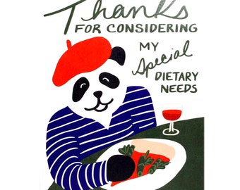 Greeting Card | Thank You - Special Diet // Panda wearing beret drinking wine and eating bamboo pizza. Foodie/ Allergy/ Gluten/ Vegetarian