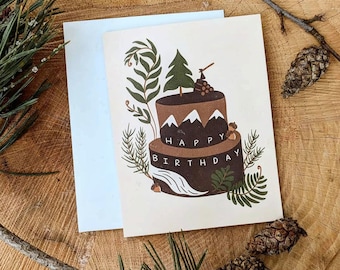 Greeting Card | Woodland Birthday // Nature Birthday Cake with pine tree, forest, lumberjack, hiking, mountain, chopping wood, axe, ferns