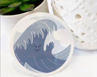 Vinyl Sticker | Wave Waving // 3 inch. Blue water wave smiling, waving hi. Beach/ Lake/ Ocean/ Surfing/ Paddle Board/ Just Because/ Hello/