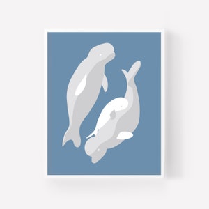 8x10 Art Print | Baby Beluga // Family of two adult and one baby white beluga whales in blue ocean. Sea/ Baby Shower/ Nursery Art /Kids Room