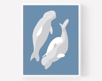 8x10 Art Print | Baby Beluga // Family of two adult and one baby white beluga whales in blue ocean. Sea/ Baby Shower/ Nursery Art /Kids Room