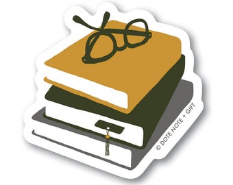Vinyl Sticker | Book Stack // Stack of books with reading glasses. Book club, reader, teacher, book enthusiast, educator, professor gift.