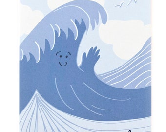 Greeting Card | Wave Waving // Blue water wave smiling, waving hi. Beach/ Lake/ Ocean/ Surfing/ Paddle Board/ Just Because/ Hello/ Miss You