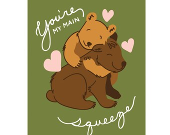 Greeting Card | Main Squeeze // Gender neutral teddy bear hugging brown bear, pink hearts, olive green. Anniversary/ Valentine's Day/ Love