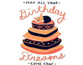 Greeting Card | Birthday Dreams // Sleeping Corgi dog holding a bone on top of plush dog beds, blanket and pillows. Orange/ Navy/ Wishes