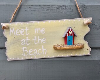 Handpainted Wooden Beach House Sign with Handcrafted Wooden Beach Hut