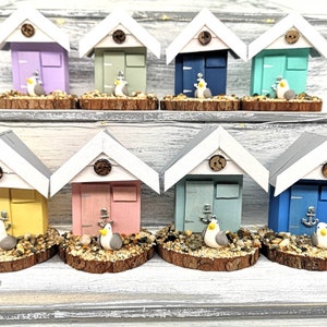 Coloured Wooden Beach Huts with Seagulls inspired by Walton on the Naze (UK) beach huts