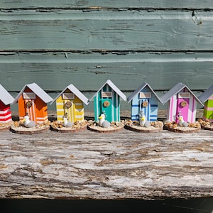 Seagull Beach Huts - Mini Handcrafted Coloured Wooden Beach Huts with a Polymer Clay Seagull.