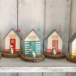 Mini Striped Wooden Beach Huts with Seagull