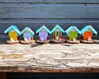 Handcrafted Brighton Inspired Mini Wooden Beach Huts with Seagull
