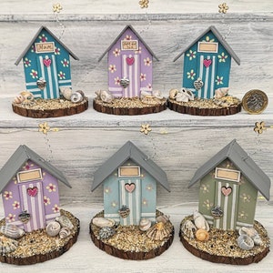 Adorable Floral Wooden Beach Huts with Shells and hearts: Mothers Day gift can be personalised.