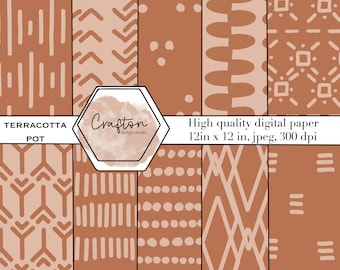 Terrakotta Topf inspiriertes digitales Papier, 10er Pack, Terrakotta und Beige, minimal, abstrakt, geometrisches Muster, boho, neutral, Scrapbooking