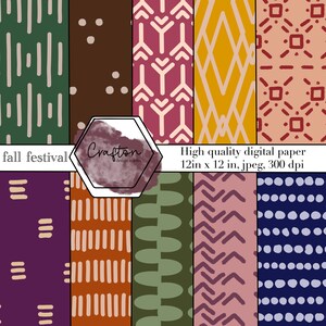Pode incluir: Um conjunto de 10 papéis digitais com vários padrões geométricos em cores outonais, incluindo verde, marrom, laranja, vermelho, rosa e azul. Os papéis são de 30,5 cm por 30,5 cm e 300 dpi.