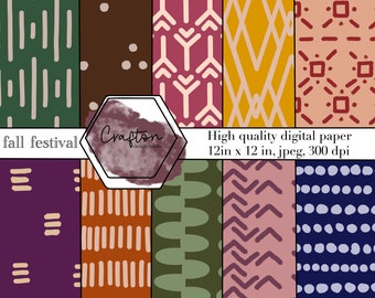 Boho Herbst digitale Papiere, 10er Pack, handgezeichnet, reiche Juwelentöne, Herbstfarben, minimal, schlichtes Muster, modern, geometrisch