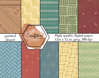 Gemalte Wüste Digitales Papierpaket von 10; Erdtöne; Herbstfarben, Digitales Scrapbooking; handgezeichnete Hintergründe, Wüste, Südwestmuster