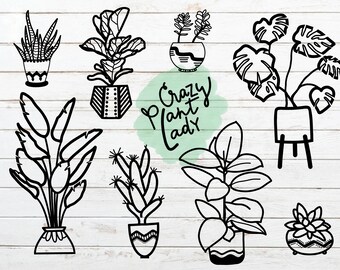 Süße Topfpflanze SVG, 8er Set, handgezeichnete Clipart, Line Art, sofort Download, digital stempel, doodle, sukkulenten, Hauspflanze