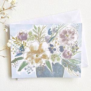 Notecard vierge floral, aquarelle avec accent métallique, carte de voeux stationnaire botanique